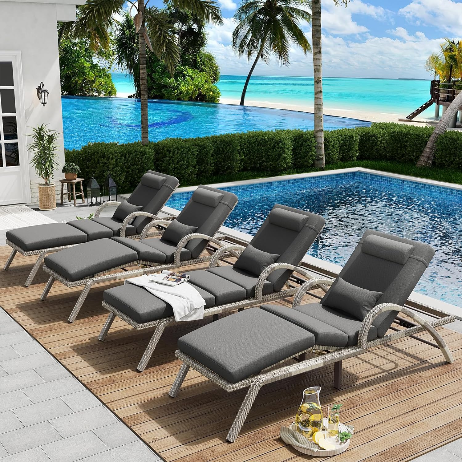Outdoor Lounge Chairs Set of 2, Patio Chaise Loungers with Adjustable 5 Position & Leg Support, PE Rattan Chaise Lounge, Wicker Pool Recliners Chair for Backyard, Porch, Deck, （Grey