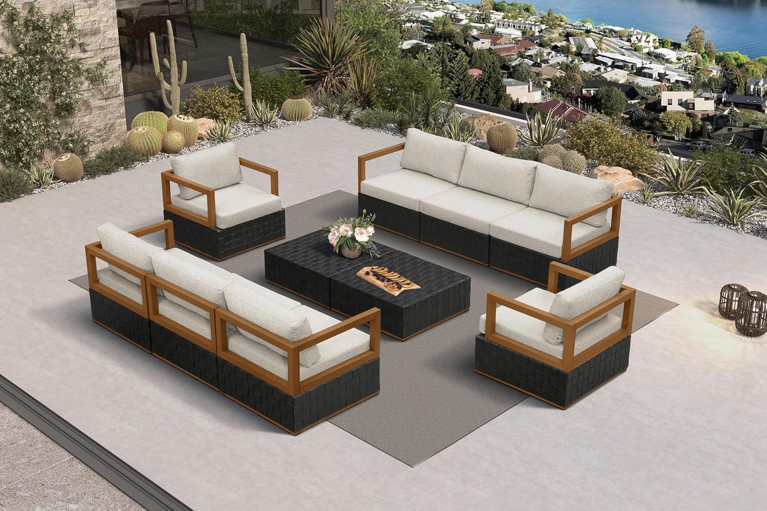 Patio Outdoor Furniture Set 4 Pieces, Premium Leather Outdoor Couch Sectional Sofa, L-Shaped Patio Conversation Sets with Olefin Cushions, Patio Couch for Porch, Balcony, Garden, Black