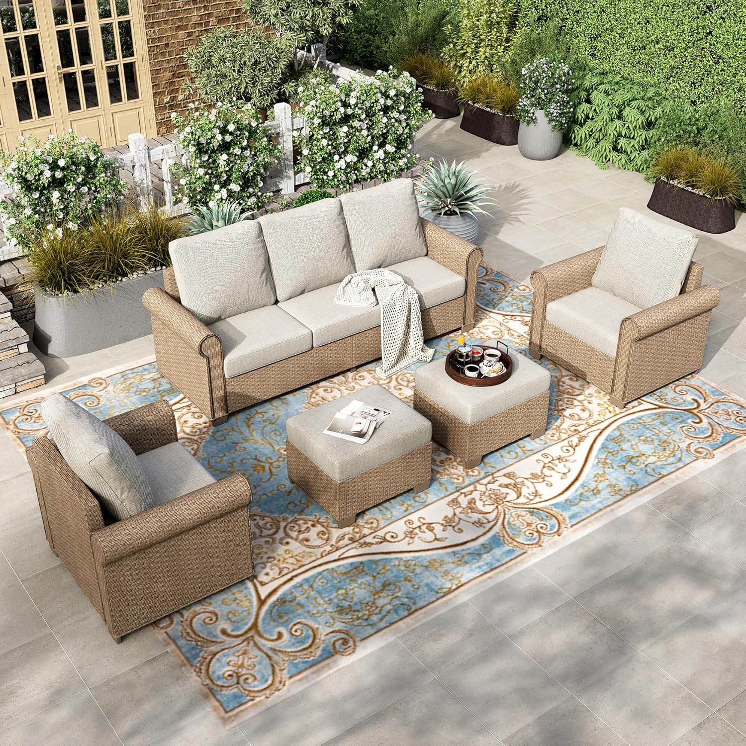 HOUSE 6-Piece Patio Furniture Set, All Weather 7 Seats Outdoor Wicker Sofa with Ottomans, Rattan Patio Conversation Set with 5.5" Thick Cushions and 44" Coffee Table, Grey