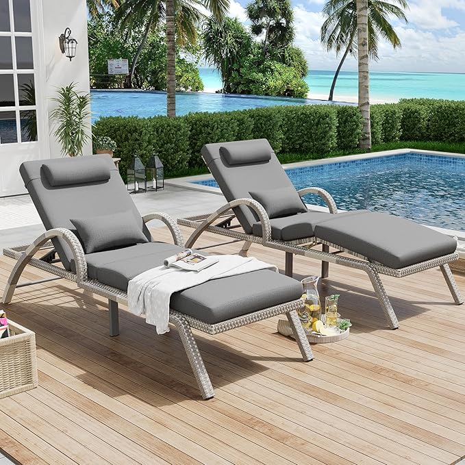 Outdoor Lounge Chairs Set of 2, Patio Chaise Loungers with Adjustable 5 Position & Leg Support, PE Rattan Chaise Lounge, Wicker Pool Recliners Chair for Backyard, Porch, Deck, （Grey
