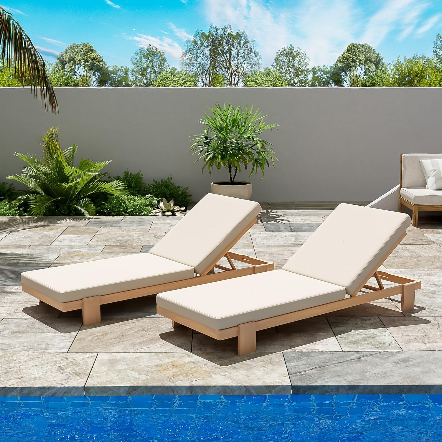 Home Duska Acacia Wood Chaise Lounge Chair Set of 2, Patio Outdoor Chaise Lounge with Cushions, Adjustable Backrest Single Lounge Sofa, Garden Poolside Backyard Seating, Teak+Beige