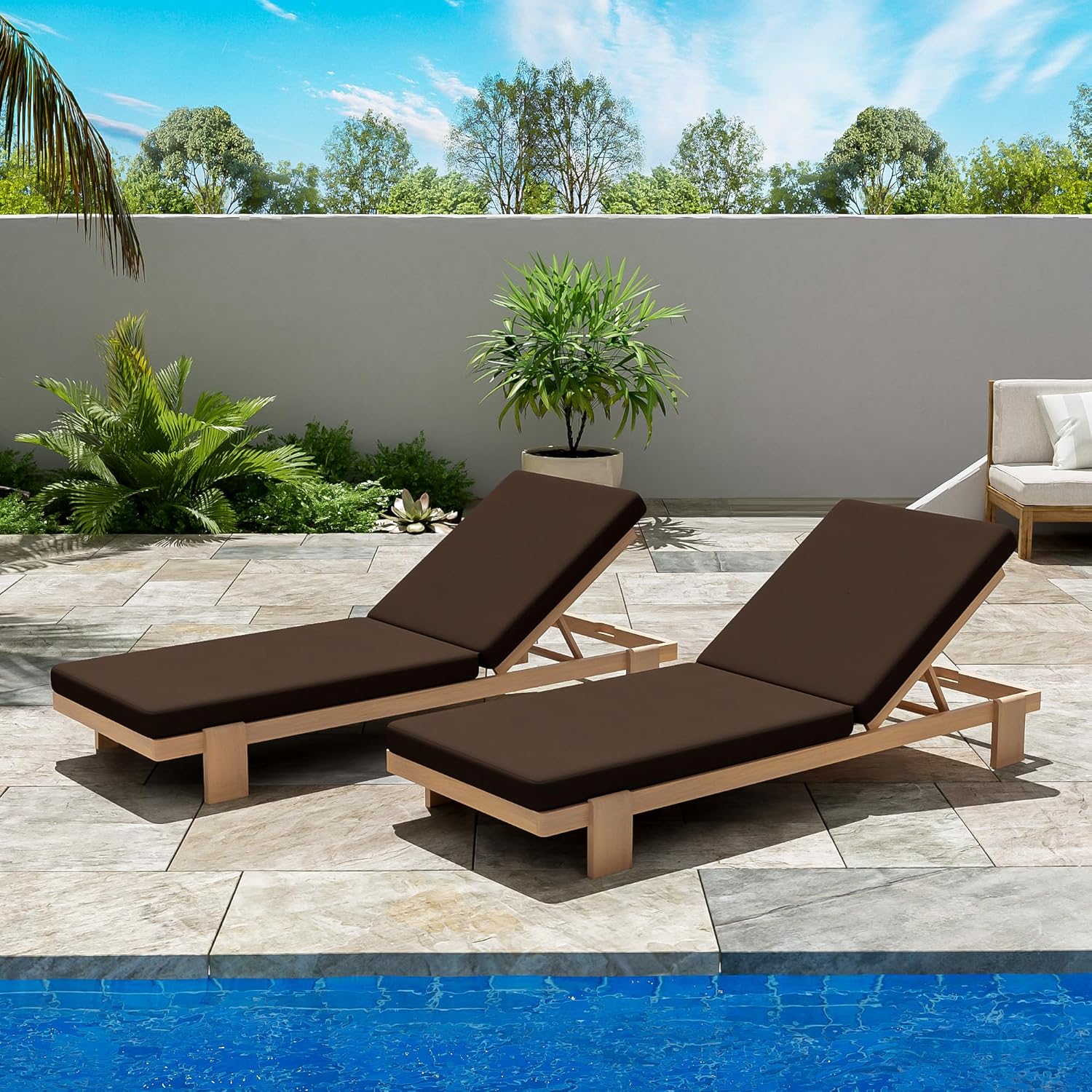Home Duska Acacia Wood Chaise Lounge Chair Set of 2, Patio Outdoor Chaise Lounge with Cushions, Adjustable Backrest Single Lounge Sofa, Garden Poolside Backyard Seating, Teak+Beige