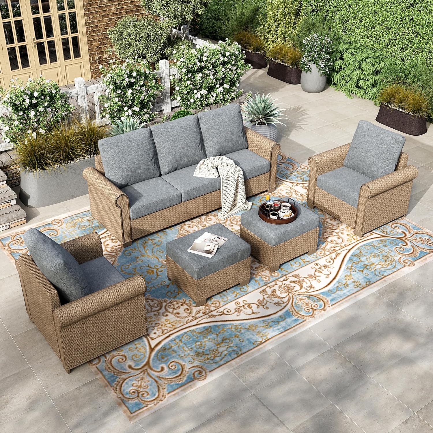 HOUSE 6-Piece Patio Furniture Set, All Weather 7 Seats Outdoor Wicker Sofa with Ottomans, Rattan Patio Conversation Set with 5.5" Thick Cushions and 44" Coffee Table, Grey