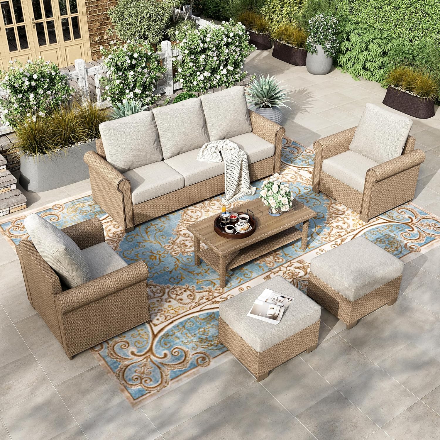HOUSE 6-Piece Patio Furniture Set, All Weather 7 Seats Outdoor Wicker Sofa with Ottomans, Rattan Patio Conversation Set with 5.5" Thick Cushions and 44" Coffee Table, Grey