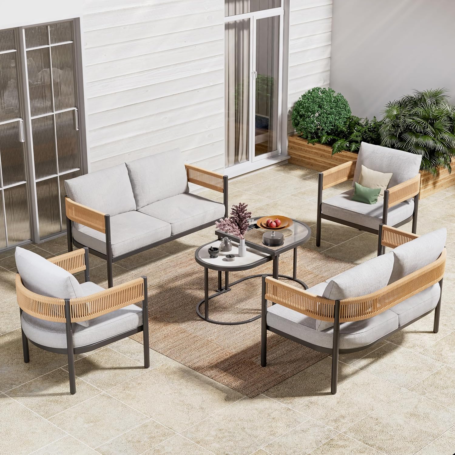5-Piece Outdoor Furniture Set with Thick Cushions and Coffee Table, Wicker Sofa Conversation Set for Backyard, Natural