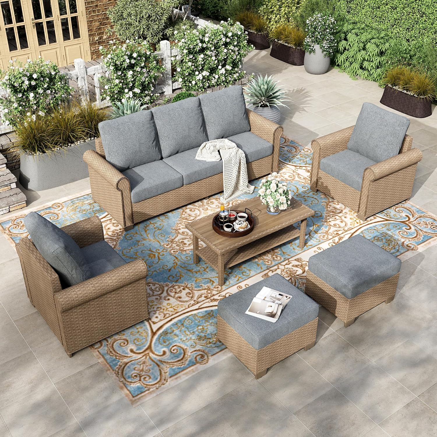 HOUSE 6-Piece Patio Furniture Set, All Weather 7 Seats Outdoor Wicker Sofa with Ottomans, Rattan Patio Conversation Set with 5.5" Thick Cushions and 44" Coffee Table, Grey