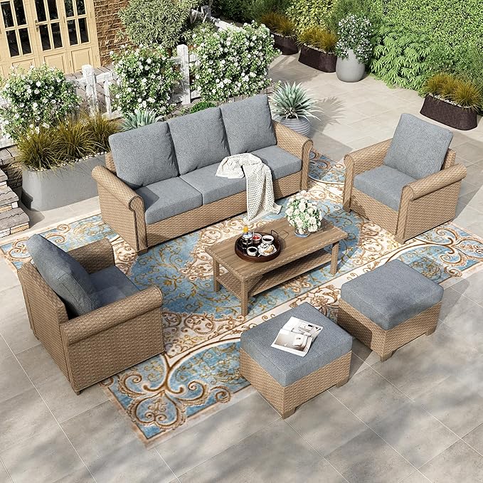 HOUSE 6-Piece Patio Furniture Set, All Weather 7 Seats Outdoor Wicker Sofa with Ottomans, Rattan Patio Conversation Set with 5.5" Thick Cushions and 44" Coffee Table, Grey