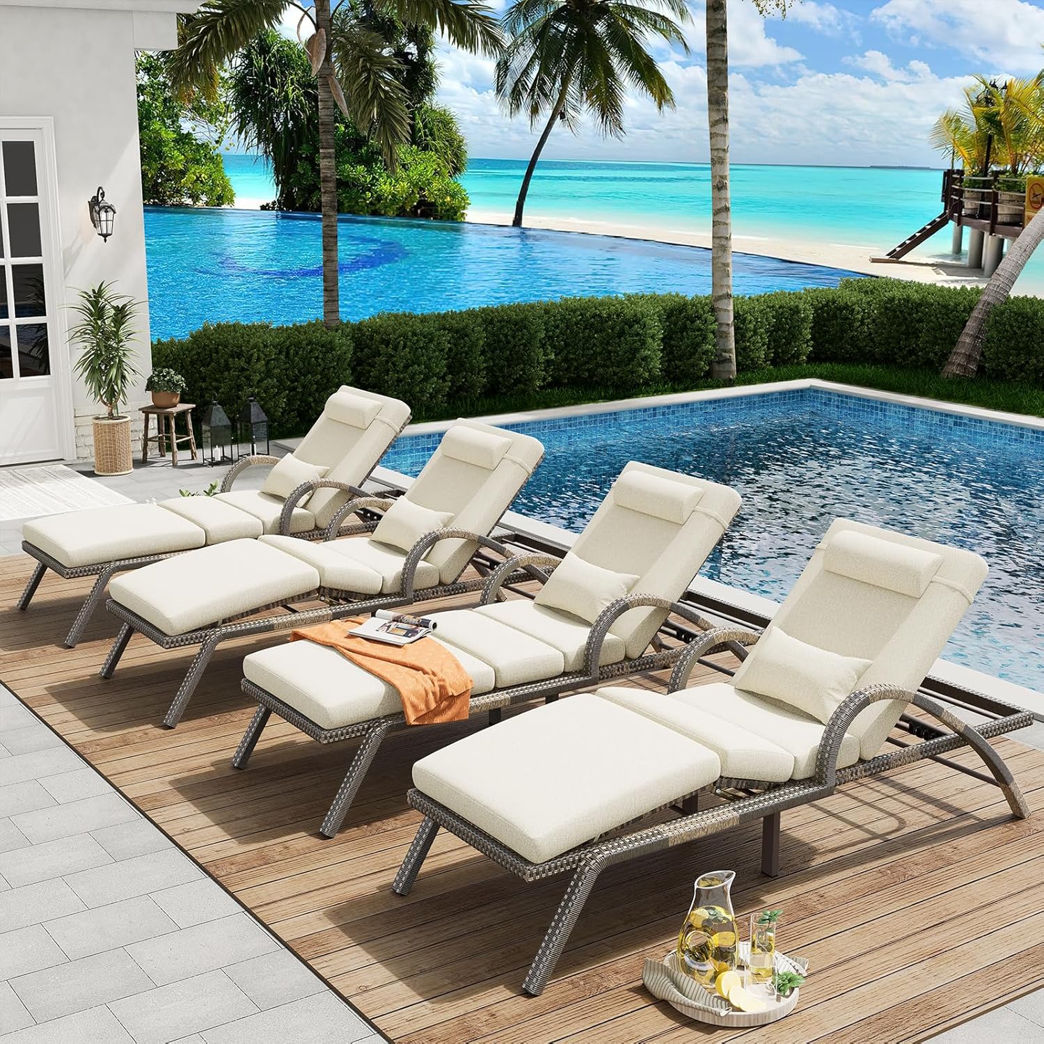 Outdoor Lounge Chairs Set of 2, Patio Chaise Loungers with Adjustable 5 Position & Leg Support, PE Rattan Chaise Lounge, Wicker Pool Recliners Chair for Backyard, Porch, Deck, （Grey