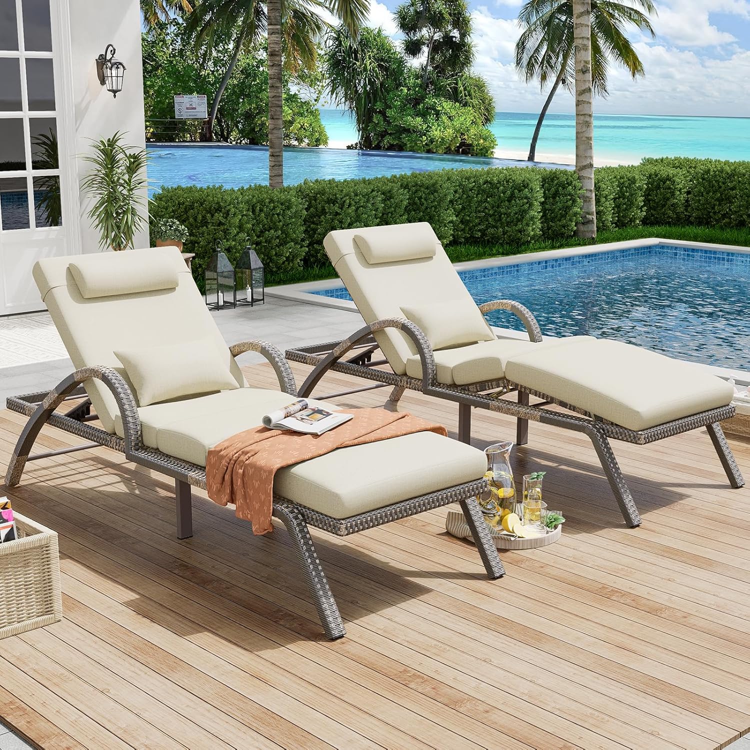 Outdoor Lounge Chairs Set of 2, Patio Chaise Loungers with Adjustable 5 Position & Leg Support, PE Rattan Chaise Lounge, Wicker Pool Recliners Chair for Backyard, Porch, Deck, （Grey