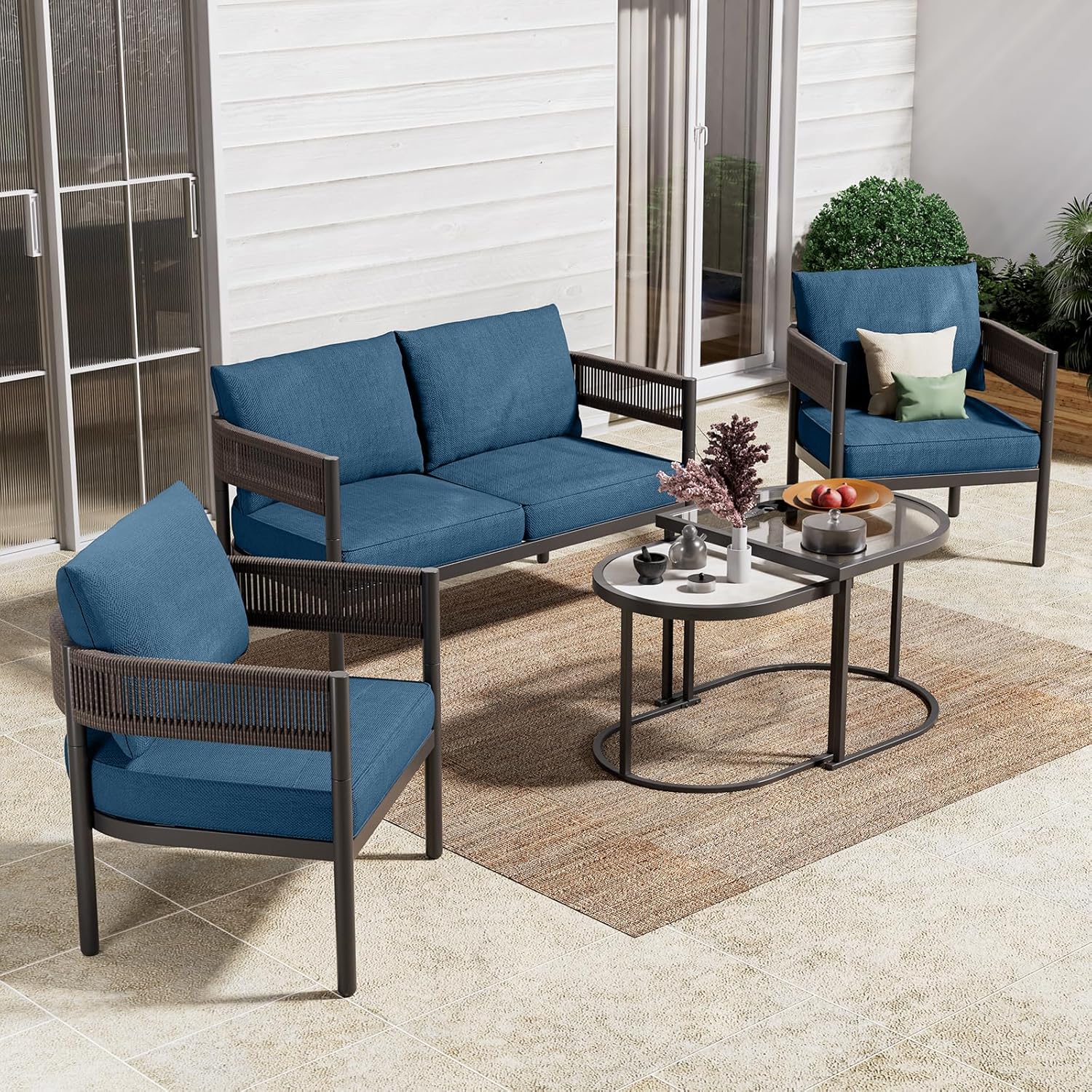 5-Piece Outdoor Furniture Set with Thick Cushions and Coffee Table, Wicker Sofa Conversation Set for Backyard, Natural