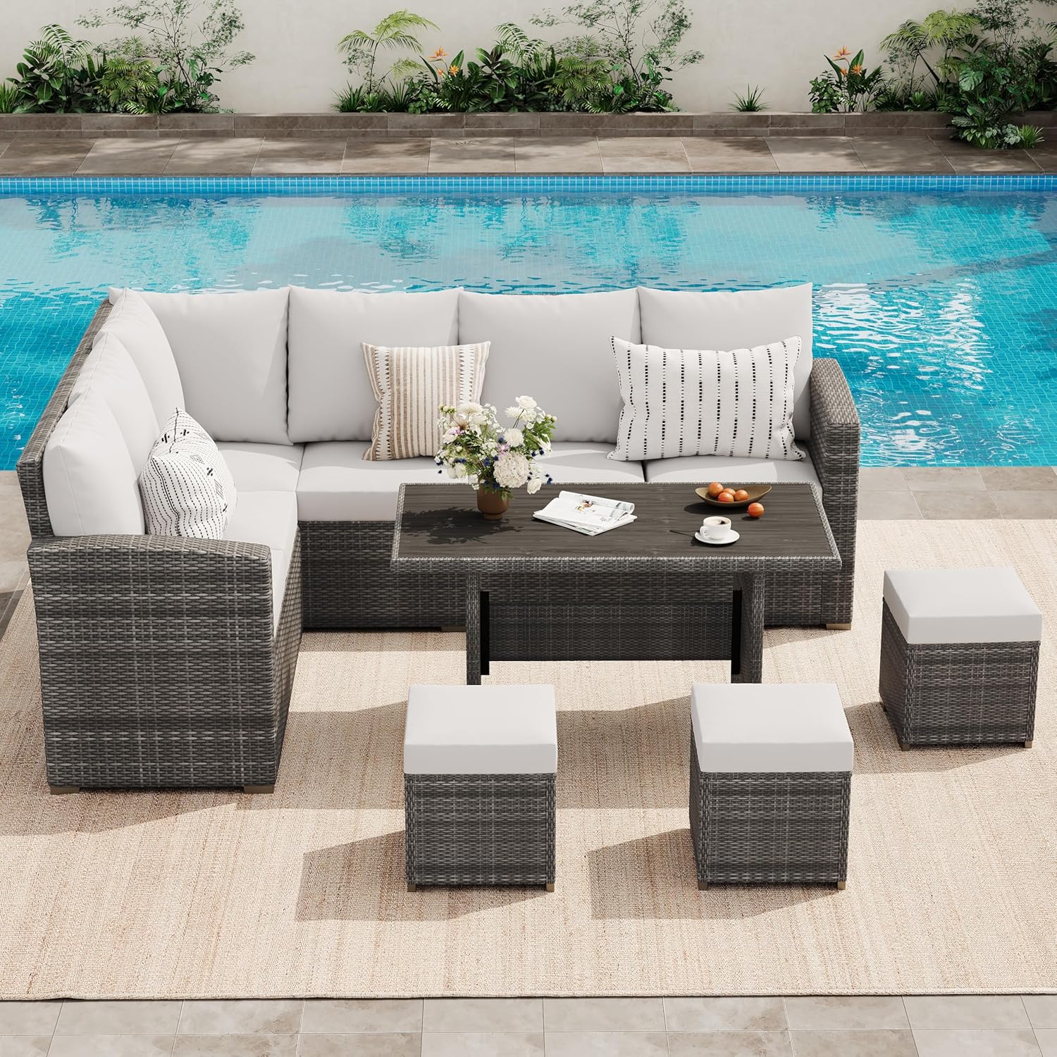 5 Pieces Patio Furniture Set, 7-Seater Rattan Wicker Patio Conversation Sets with Coffee Table, Outdoor Sectional Patio Sofa Set, Grey Rattan and Grey Cushions