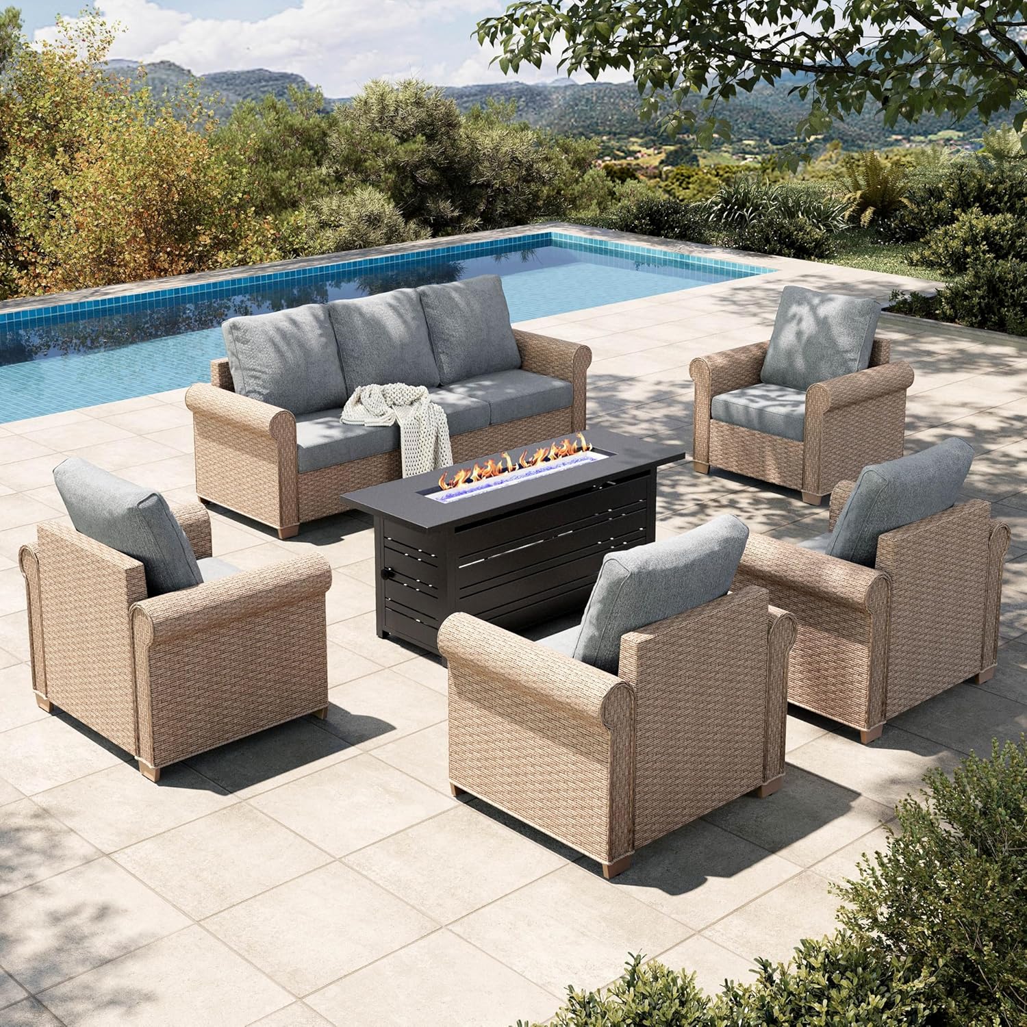 HOUSE 6-Piece Patio Furniture Set, All Weather 7 Seats Outdoor Wicker Sofa with Ottomans, Rattan Patio Conversation Set with 5.5" Thick Cushions and 44" Coffee Table, Grey