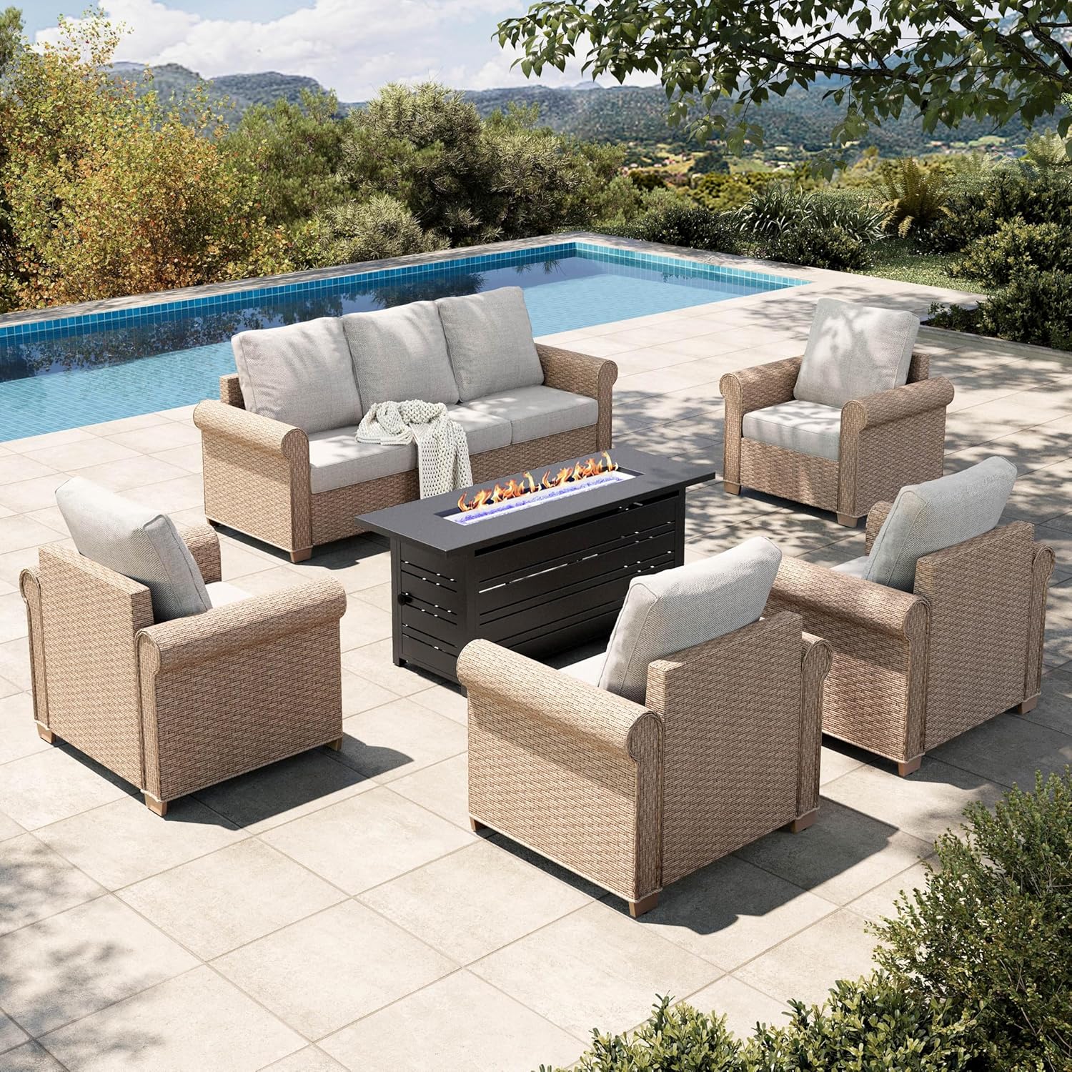 HOUSE 6-Piece Patio Furniture Set, All Weather 7 Seats Outdoor Wicker Sofa with Ottomans, Rattan Patio Conversation Set with 5.5" Thick Cushions and 44" Coffee Table, Grey