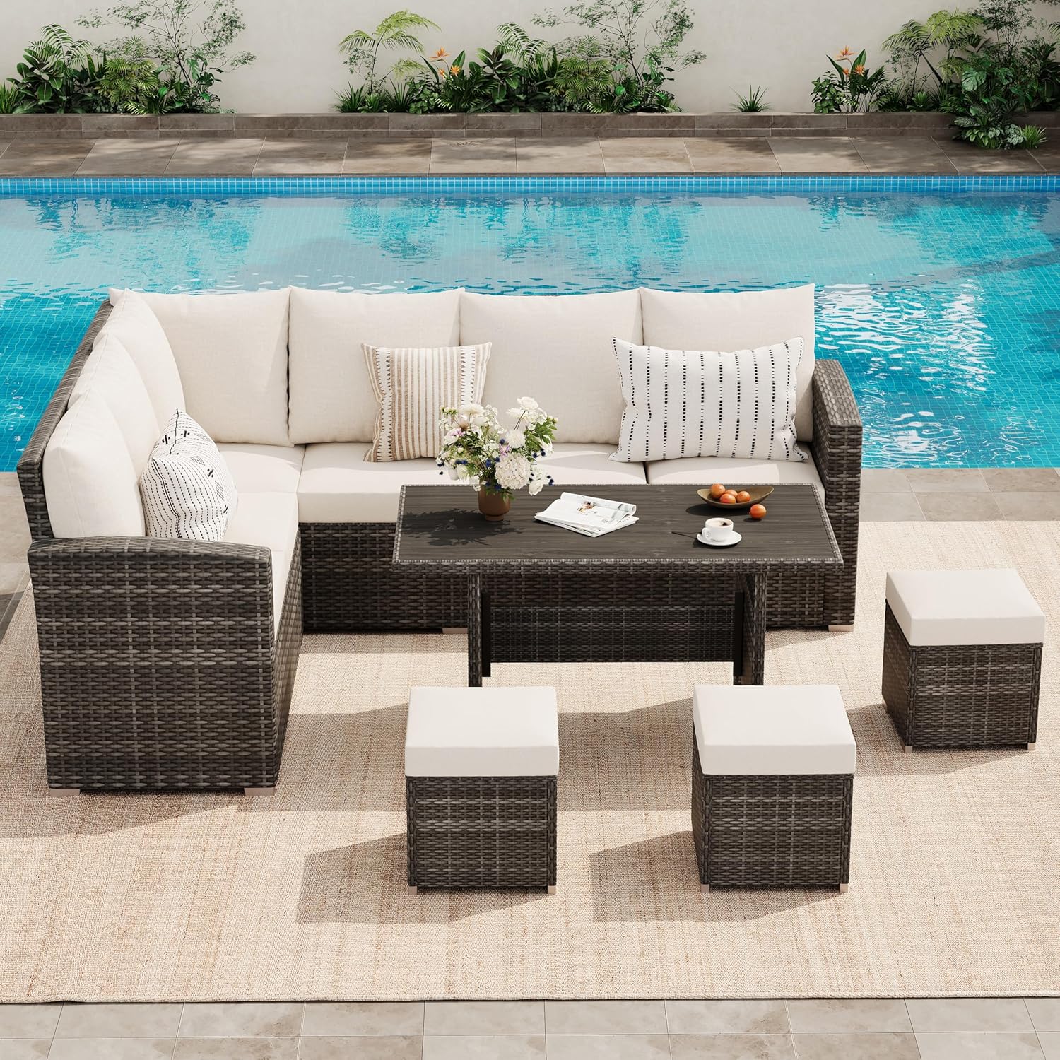 5 Pieces Patio Furniture Set, 7-Seater Rattan Wicker Patio Conversation Sets with Coffee Table, Outdoor Sectional Patio Sofa Set, Grey Rattan and Grey Cushions