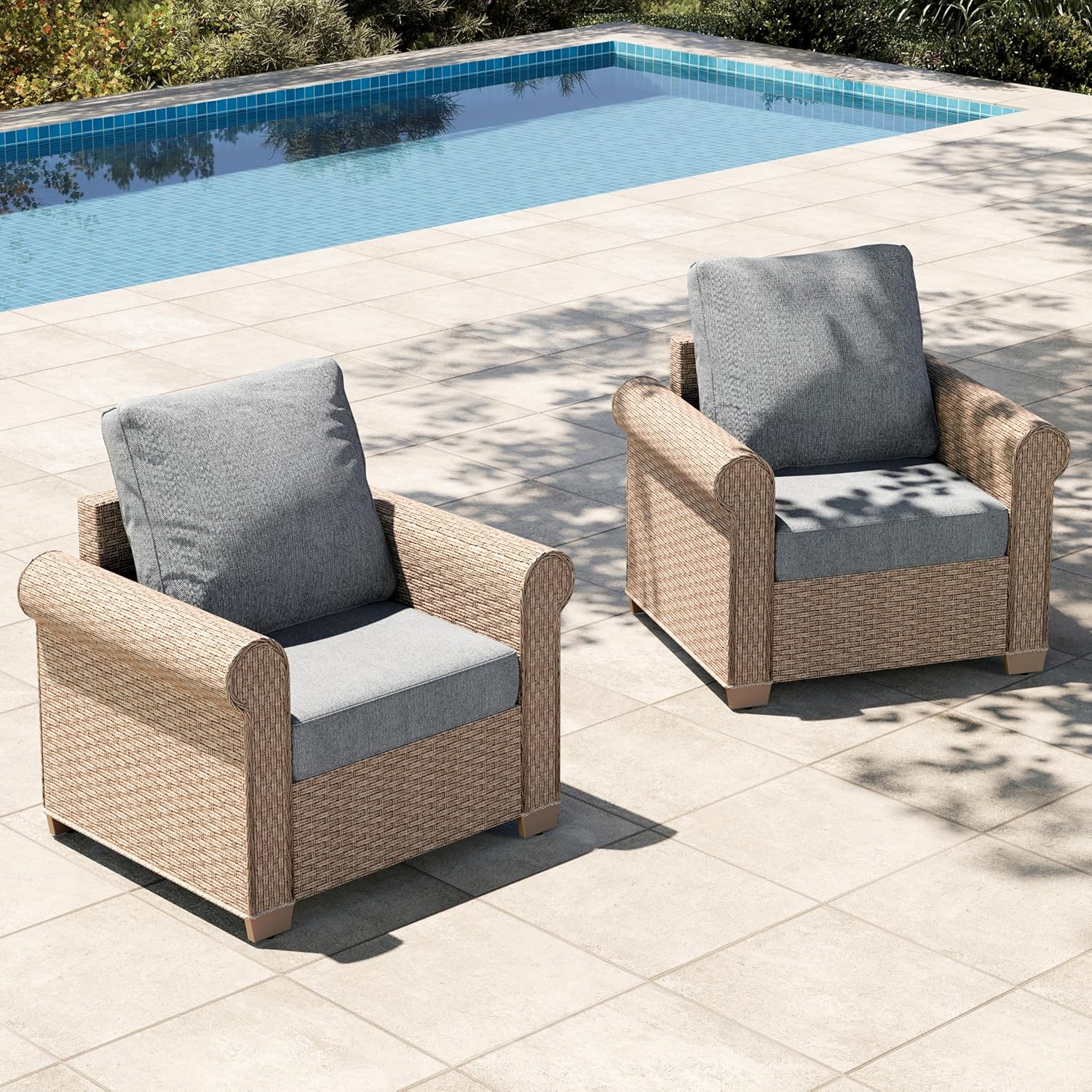 HOUSE 6-Piece Patio Furniture Set, All Weather 7 Seats Outdoor Wicker Sofa with Ottomans, Rattan Patio Conversation Set with 5.5" Thick Cushions and 44" Coffee Table, Grey