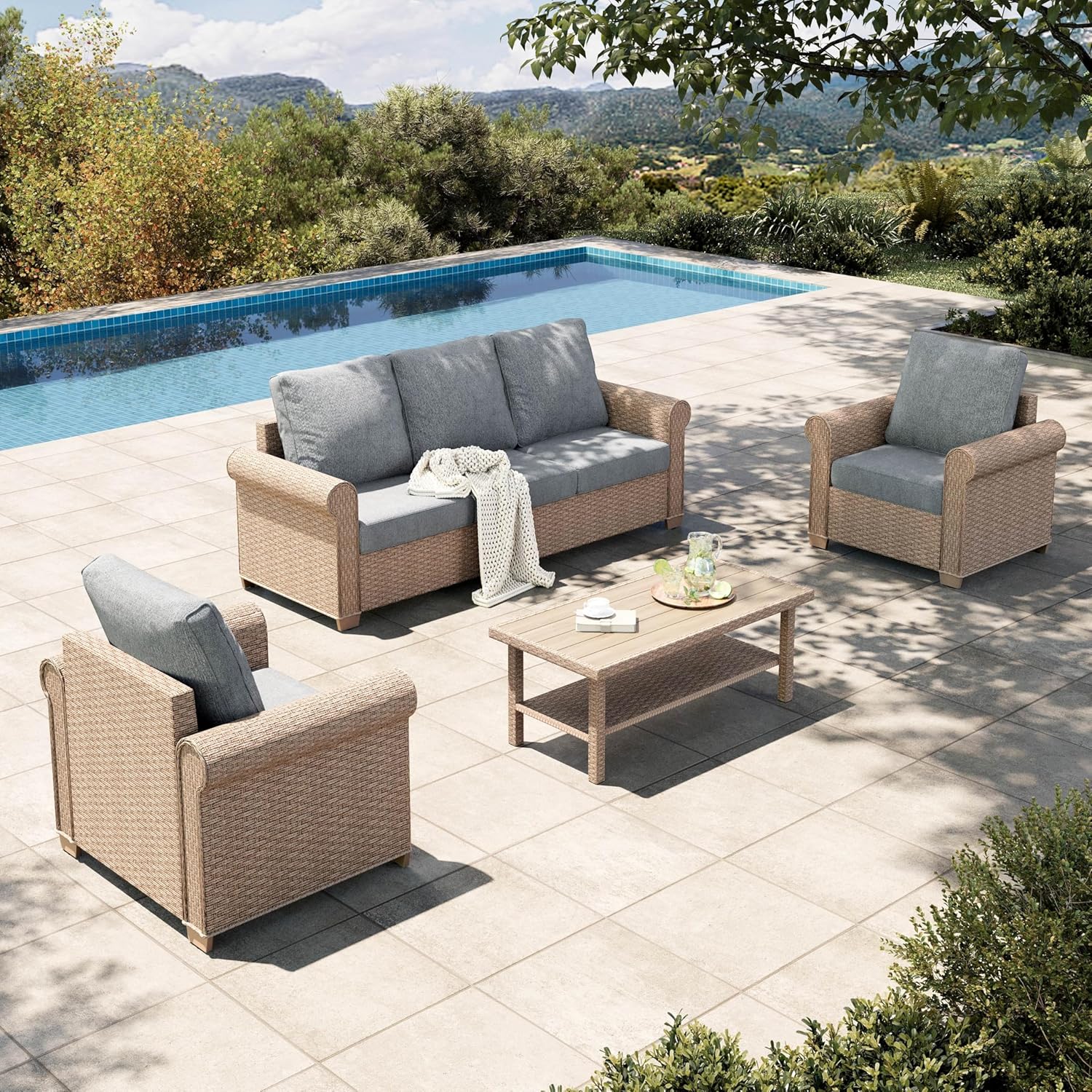 HOUSE 6-Piece Patio Furniture Set, All Weather 7 Seats Outdoor Wicker Sofa with Ottomans, Rattan Patio Conversation Set with 5.5" Thick Cushions and 44" Coffee Table, Grey