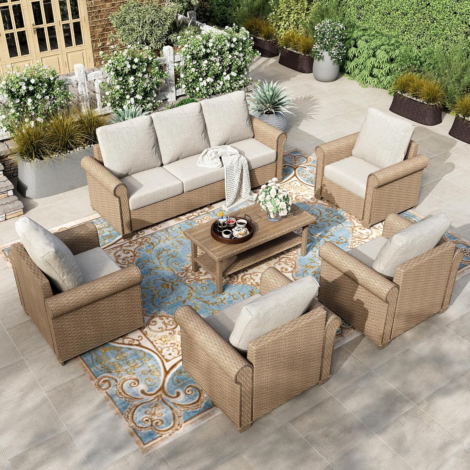 HOUSE 6-Piece Patio Furniture Set, All Weather 7 Seats Outdoor Wicker Sofa with Ottomans, Rattan Patio Conversation Set with 5.5" Thick Cushions and 44" Coffee Table, Grey