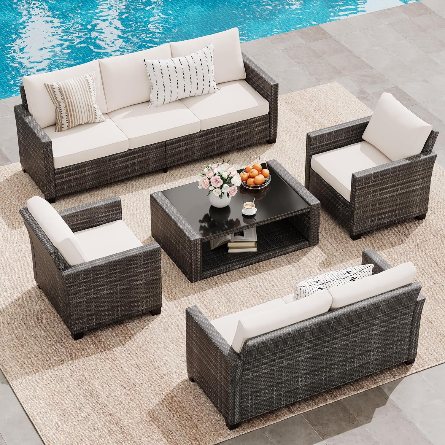 5 Pieces Patio Furniture Set, 7-Seater Rattan Wicker Patio Conversation Sets with Coffee Table, Outdoor Sectional Patio Sofa Set, Grey Rattan and Grey Cushions
