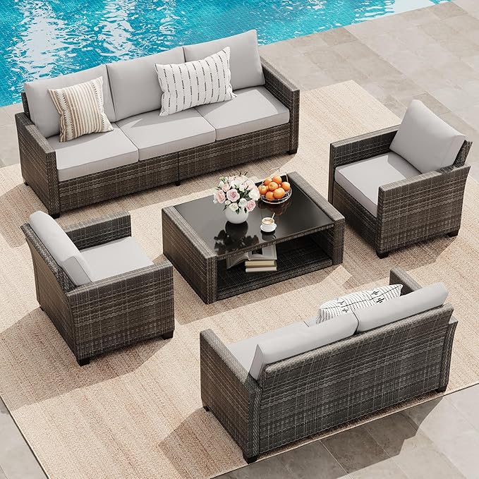 5 Pieces Patio Furniture Set, 7-Seater Rattan Wicker Patio Conversation Sets with Coffee Table, Outdoor Sectional Patio Sofa Set, Grey Rattan and Grey Cushions