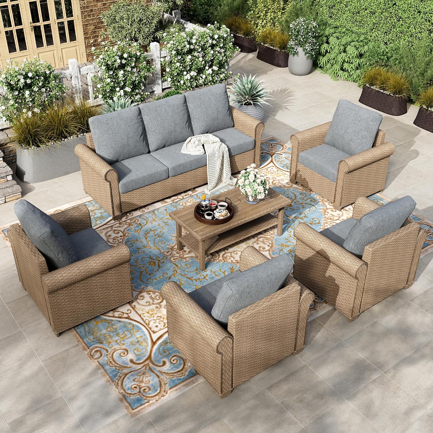 HOUSE 6-Piece Patio Furniture Set, All Weather 7 Seats Outdoor Wicker Sofa with Ottomans, Rattan Patio Conversation Set with 5.5" Thick Cushions and 44" Coffee Table, Grey