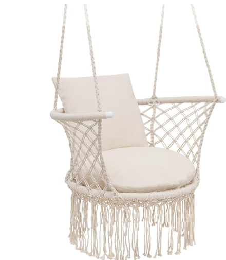 Ladouceur Hammock Chair with Macrame and Cushion Hanging Cotton Rope Swing for Indoor and Outdoor Use Ideal for Bedroom Patio Yard Deck Garden and Porch