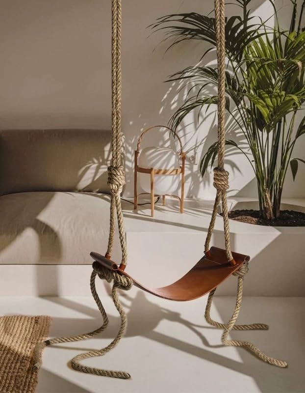 Indoor Swing,Indoor Hanging Rope Swing Chair with Cushion,Genuine Leather and Cowhide Cushion,High end Creative Gifts