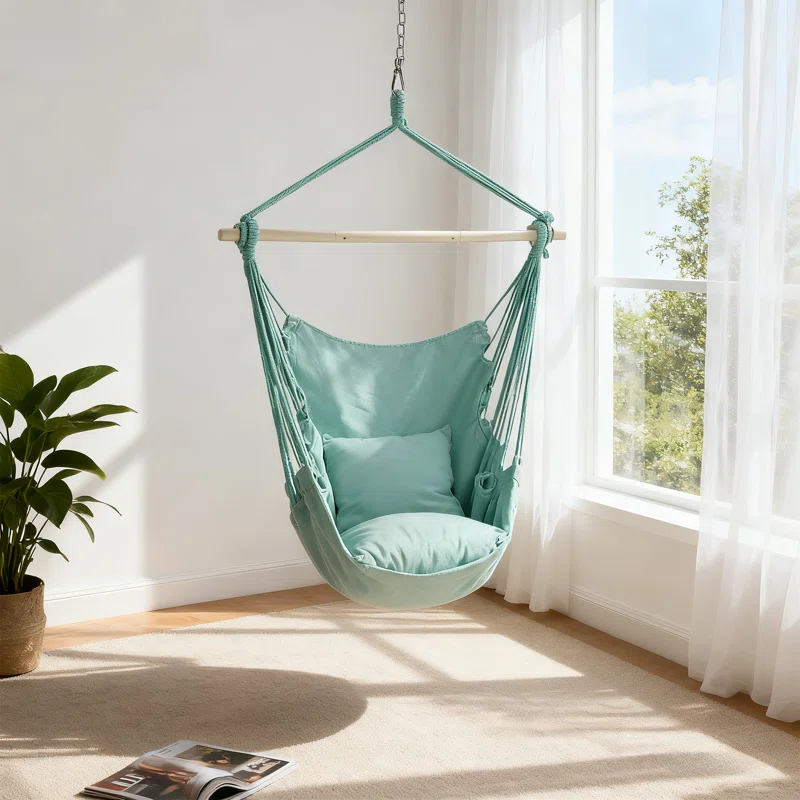 Hanging Hammock Chair, Cotton Rope Swing Chair with 2 Cushions, Side Pocket and Hardware Kit, 500lbs Capacity