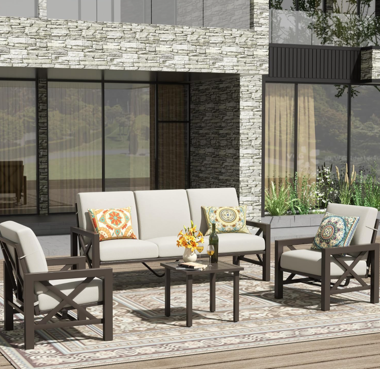 Outdoor 3 Seat Sofa Patio Furniture Set Deep Seating Couch with 6.5'' Thick Olefin Cushion for Garden,Front Porch, Deck, Balcony, Backyard