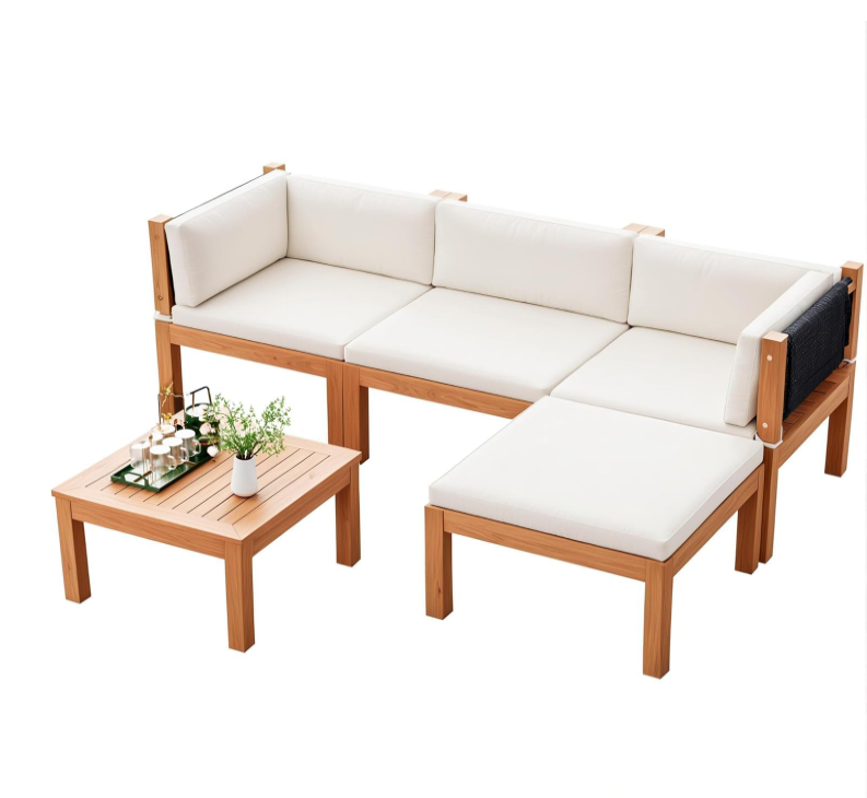 5 Pieces Small Patio Sofa, Acacia Wood Outdoor Conversation Sets with Tea Table for Garden Porch and Backyard, Beige