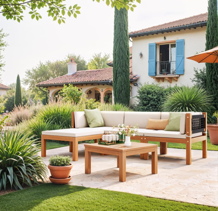 5 Pieces Small Patio Sofa, Acacia Wood Outdoor Conversation Sets with Tea Table for Garden Porch and Backyard, Beige