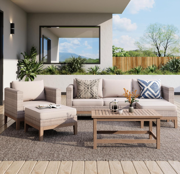 All Weather Wicker Patio Furniture Sets, 5 Pieces Outdoor Natural Rattan Sectional Sofa Conversation Set with Acacia Wood Coffee Table & Waterproof Cushions, 2 Ottomans for Apartment Balcony