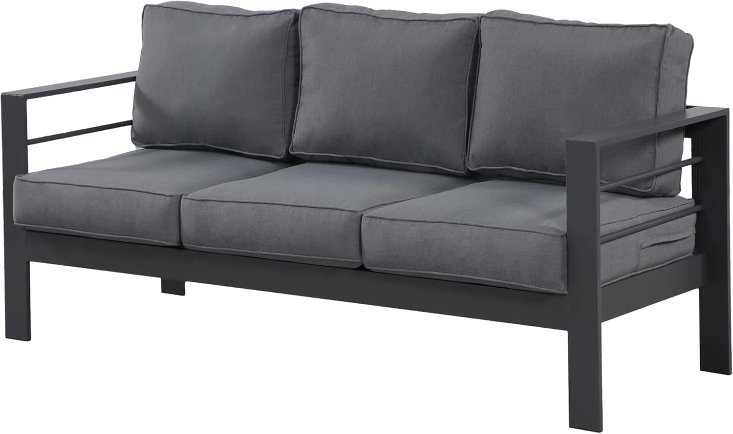 Patio Furniture Aluminum Sofa, All-Weather Outdoor 3 Seats Couch, Black Metal Chair with Light Grey Cushions