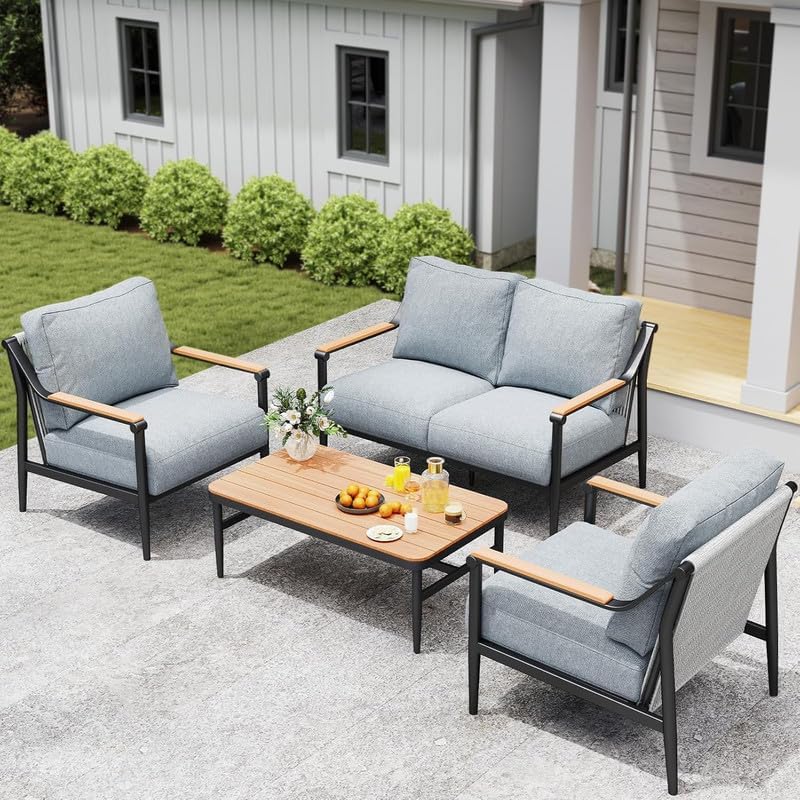 5 Pieces Outdoor Patio Conversation Set – Rattan L-Shaped Corner Sofa Comfortable Thickening Cushions for Garden, Balcony,Weatherproof Waterproof UV Resistance