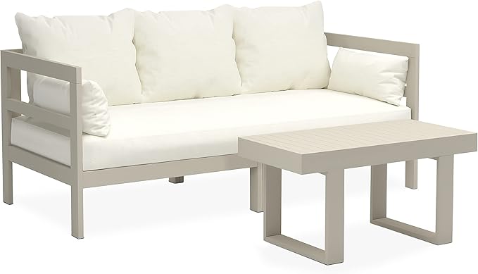 Outdoor Sofa Patio Furniture Set, Modern Wood Couch with Cushions and Coffee Table, 74 Inch (Grey)