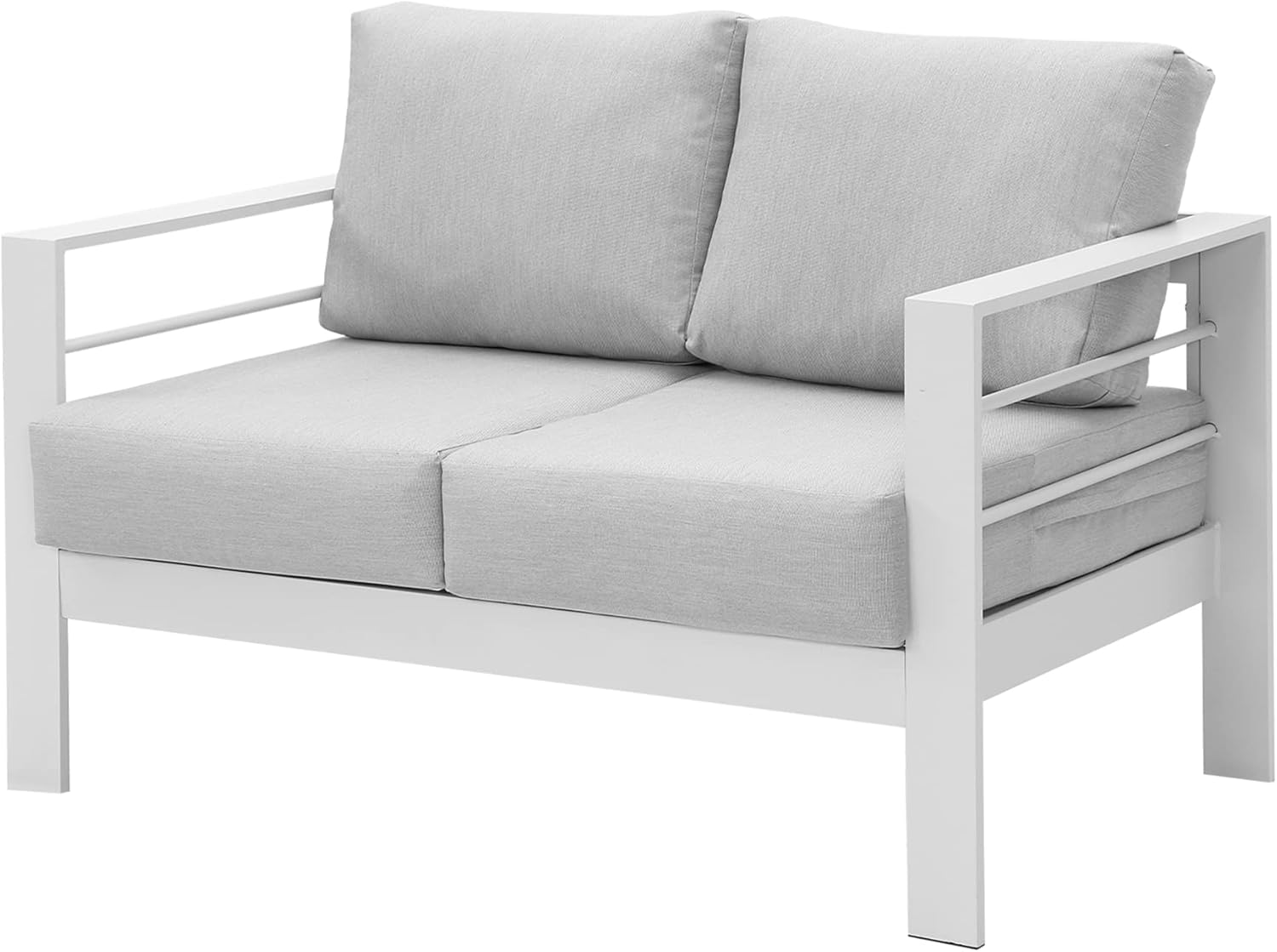 Patio Furniture Aluminum Sofa, All-Weather Outdoor 3 Seats Couch, Black Metal Chair with Light Grey Cushions