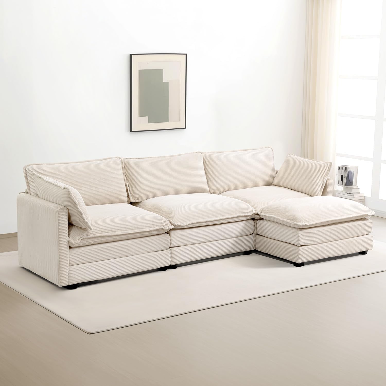 Oversized Modular Sectional Sofa with Movable Ottoman, 112 Inch 4 Seat Modern Corduroy Sofa Set, Convertible L Shaped Couch for Living Room and Office, Beige