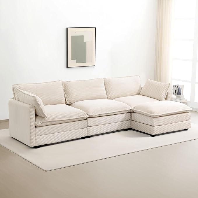Oversized Modular Sectional Sofa with Movable Ottoman, 112 Inch 4 Seat Modern Corduroy Sofa Set, Convertible L Shaped Couch for Living Room and Office, Beige