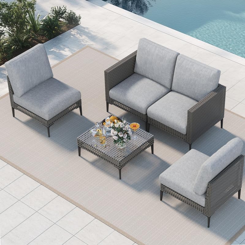 5 Pieces Outdoor Patio Conversation Set – Rattan L-Shaped Corner Sofa Comfortable Thickening Cushions for Garden, Balcony,Weatherproof Waterproof UV Resistance