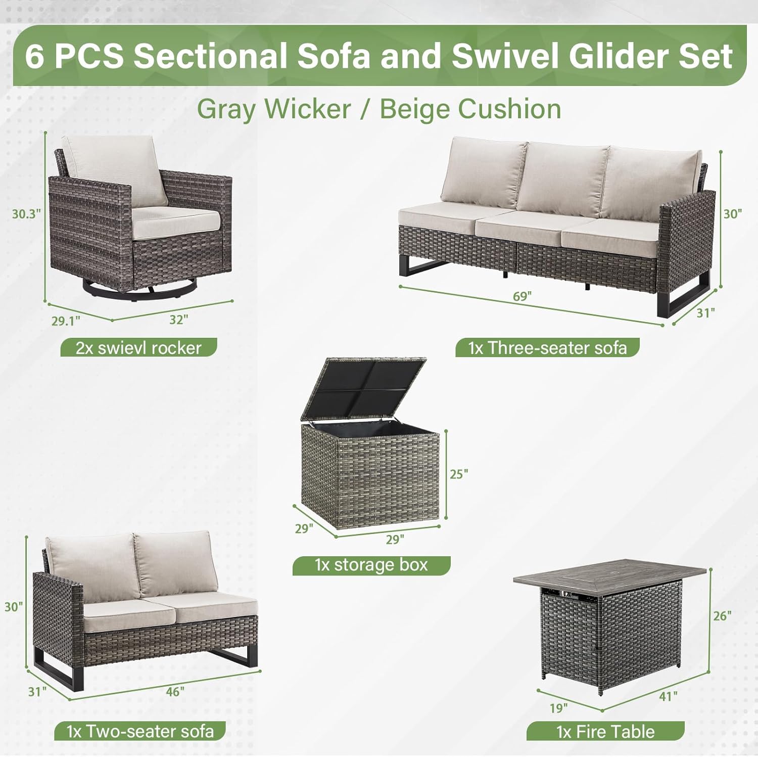 Patio Furniture 5 Piece Outdoor Sofa Set, Oversize Outdoor Dining Chairs with Rattan Ottomans, Conversation Sets Patio Furniture Come with Removable Washable