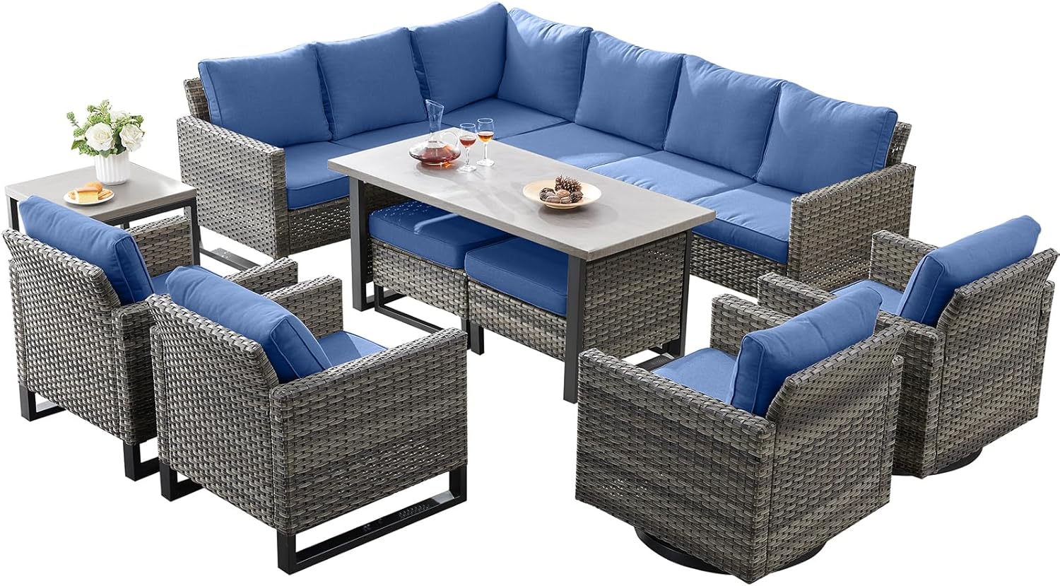 Patio Furniture 5 Piece Outdoor Sofa Set, Oversize Outdoor Dining Chairs with Rattan Ottomans, Conversation Sets Patio Furniture Come with Removable Washable