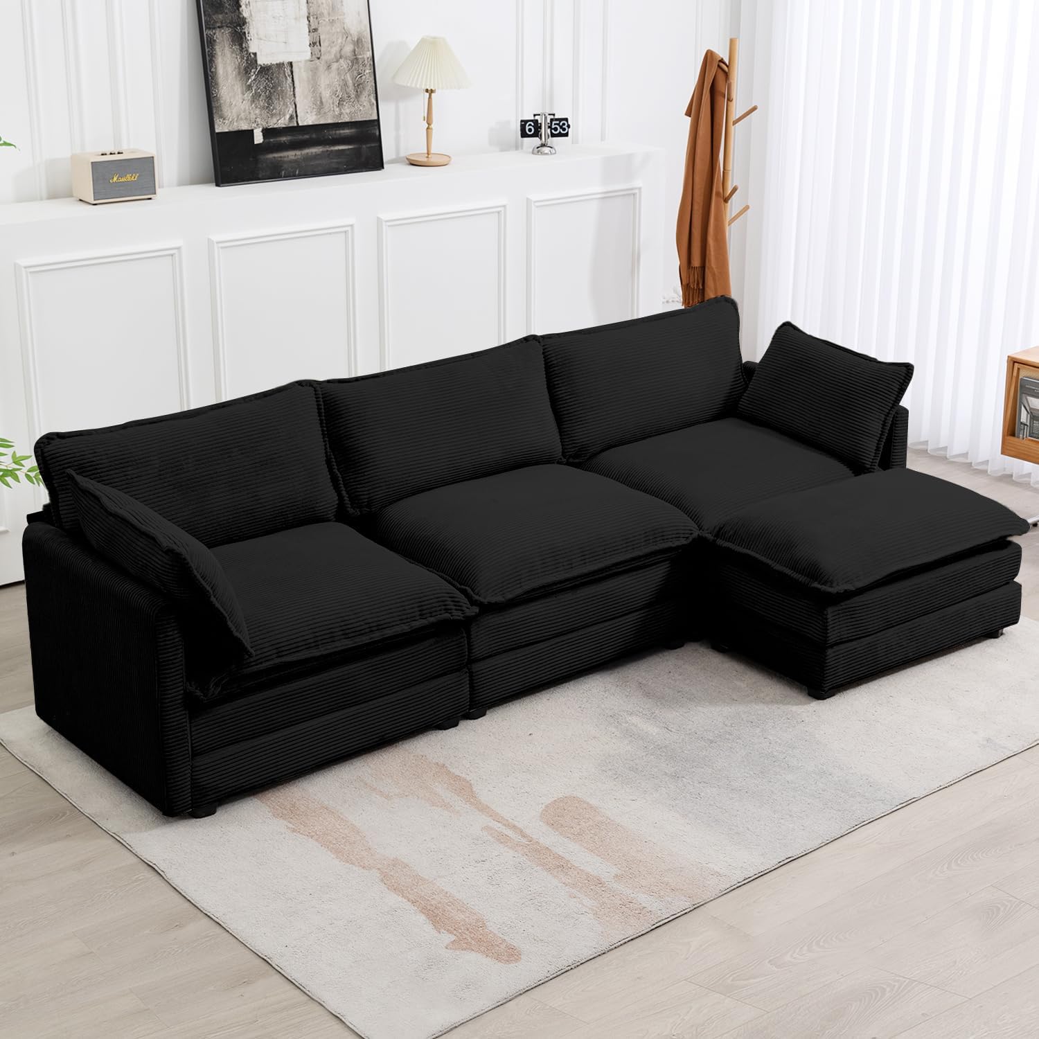 Oversized Modular Sectional Sofa with Movable Ottoman, 112 Inch 4 Seat Modern Corduroy Sofa Set, Convertible L Shaped Couch for Living Room and Office, Beige