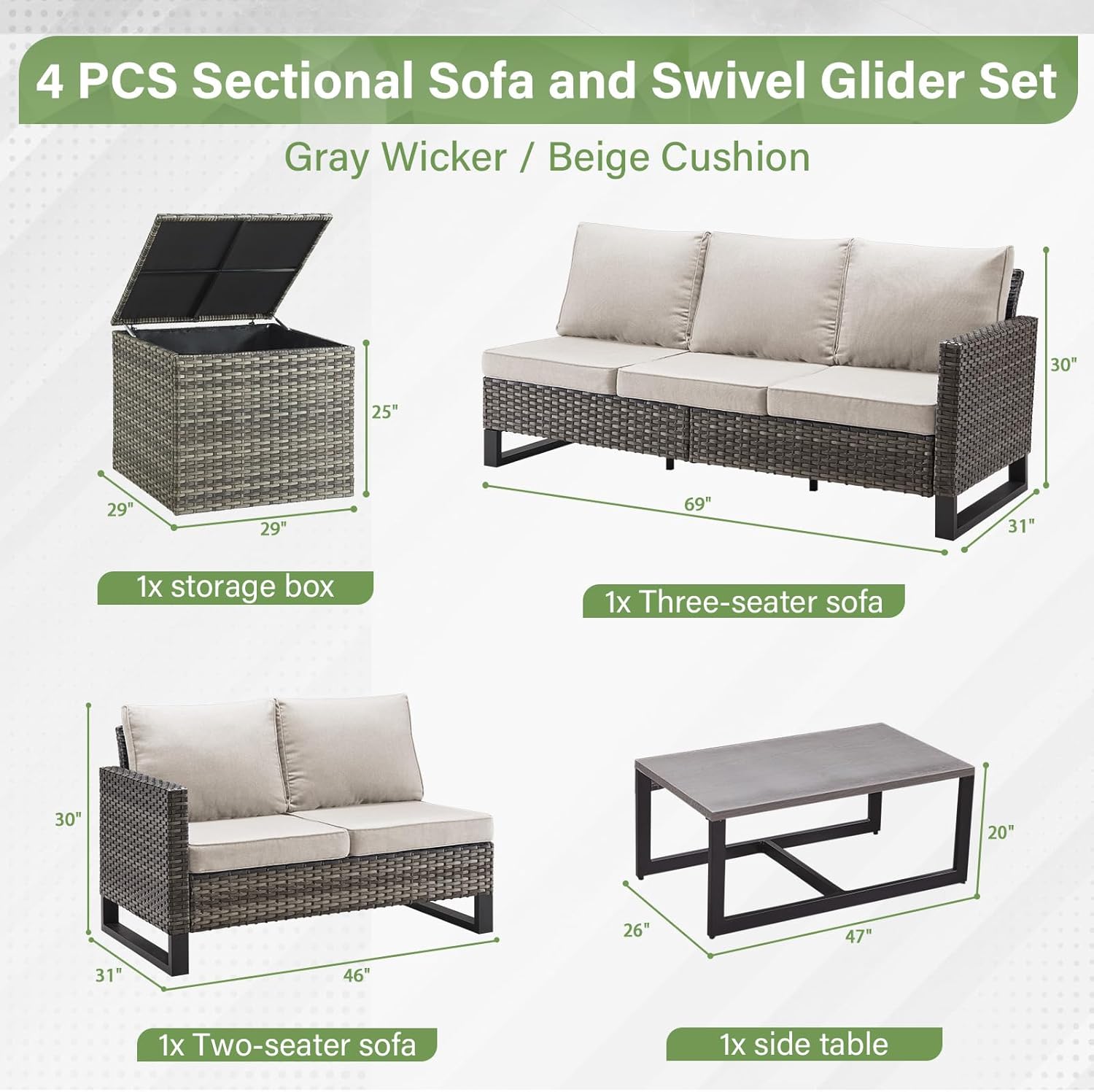 Patio Furniture 5 Piece Outdoor Sofa Set, Oversize Outdoor Dining Chairs with Rattan Ottomans, Conversation Sets Patio Furniture Come with Removable Washable