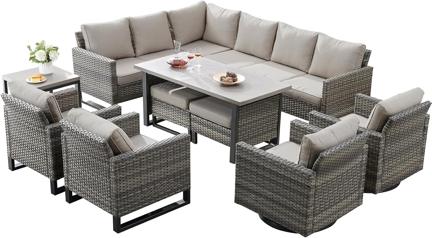 Patio Furniture 5 Piece Outdoor Sofa Set, Oversize Outdoor Dining Chairs with Rattan Ottomans, Conversation Sets Patio Furniture Come with Removable Washable