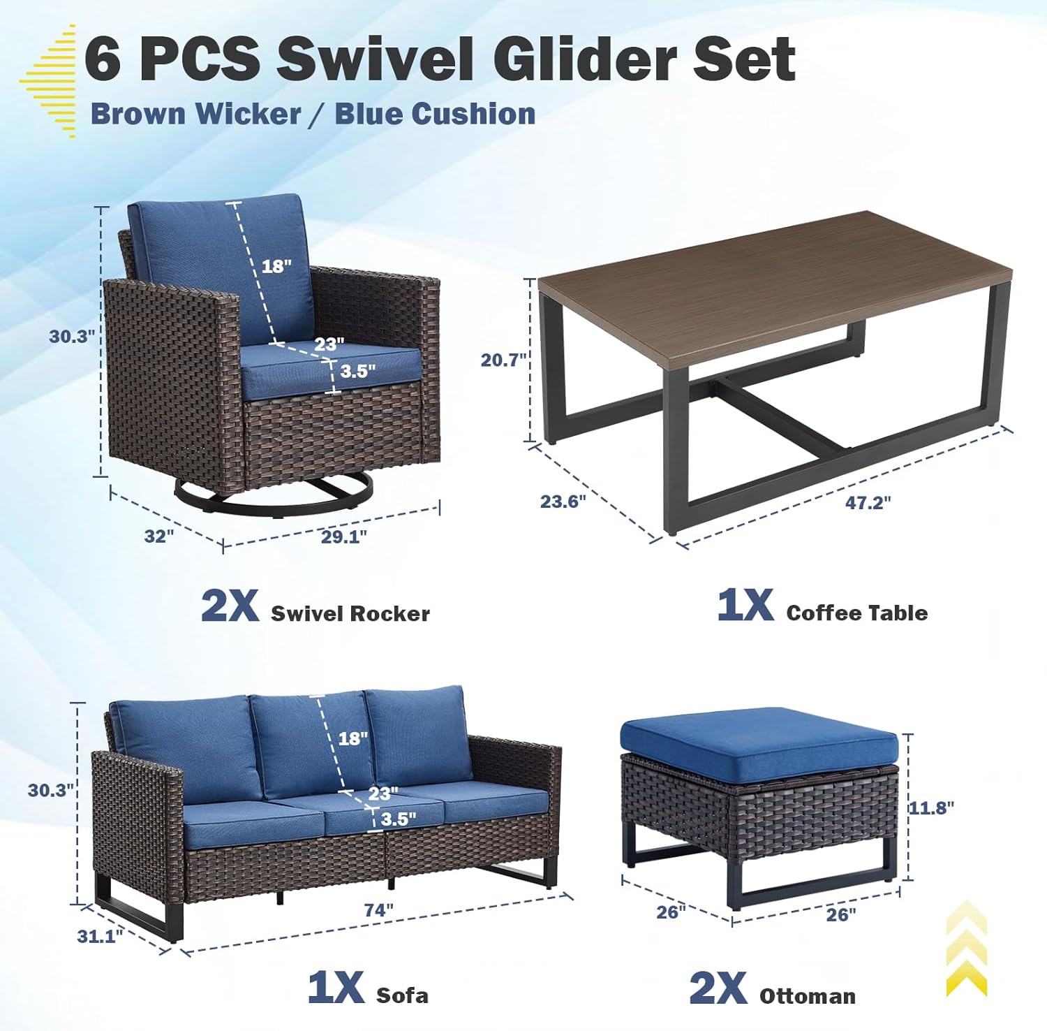 Patio Furniture 5 Piece Outdoor Sofa Set, Oversize Outdoor Dining Chairs with Rattan Ottomans, Conversation Sets Patio Furniture Come with Removable Washable