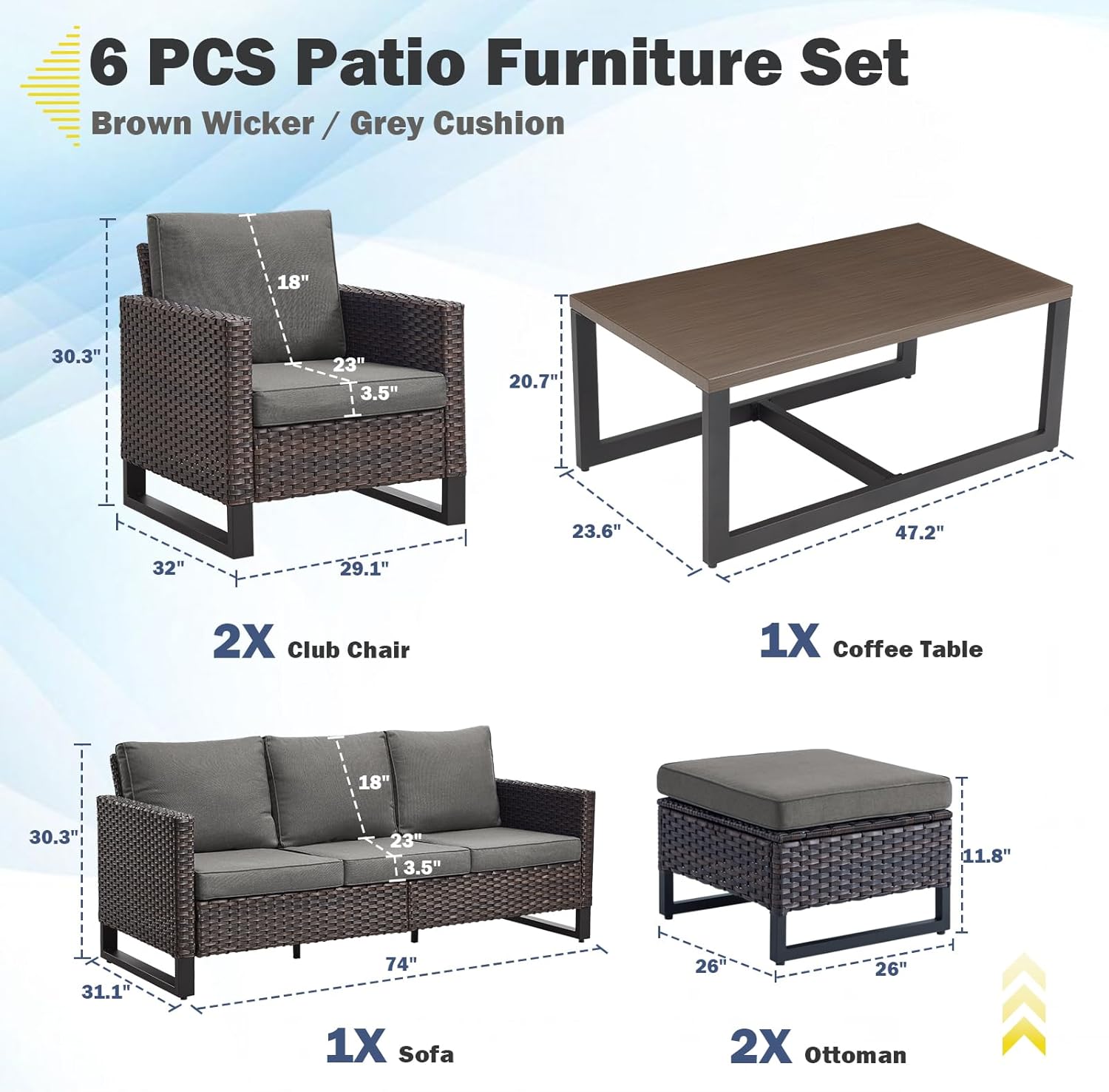 Patio Furniture 5 Piece Outdoor Sofa Set, Oversize Outdoor Dining Chairs with Rattan Ottomans, Conversation Sets Patio Furniture Come with Removable Washable