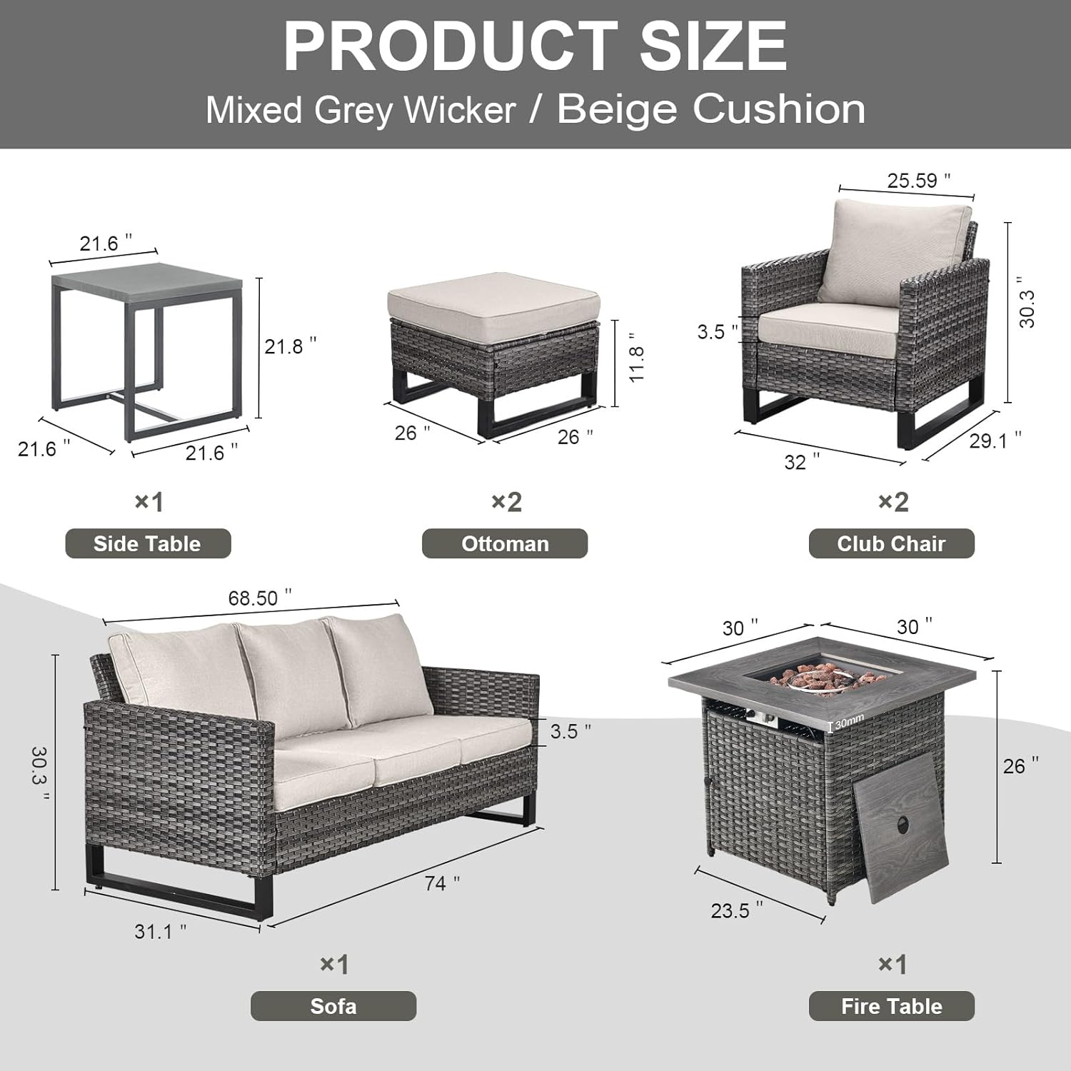 Patio Furniture 5 Piece Outdoor Sofa Set, Oversize Outdoor Dining Chairs with Rattan Ottomans, Conversation Sets Patio Furniture Come with Removable Washable