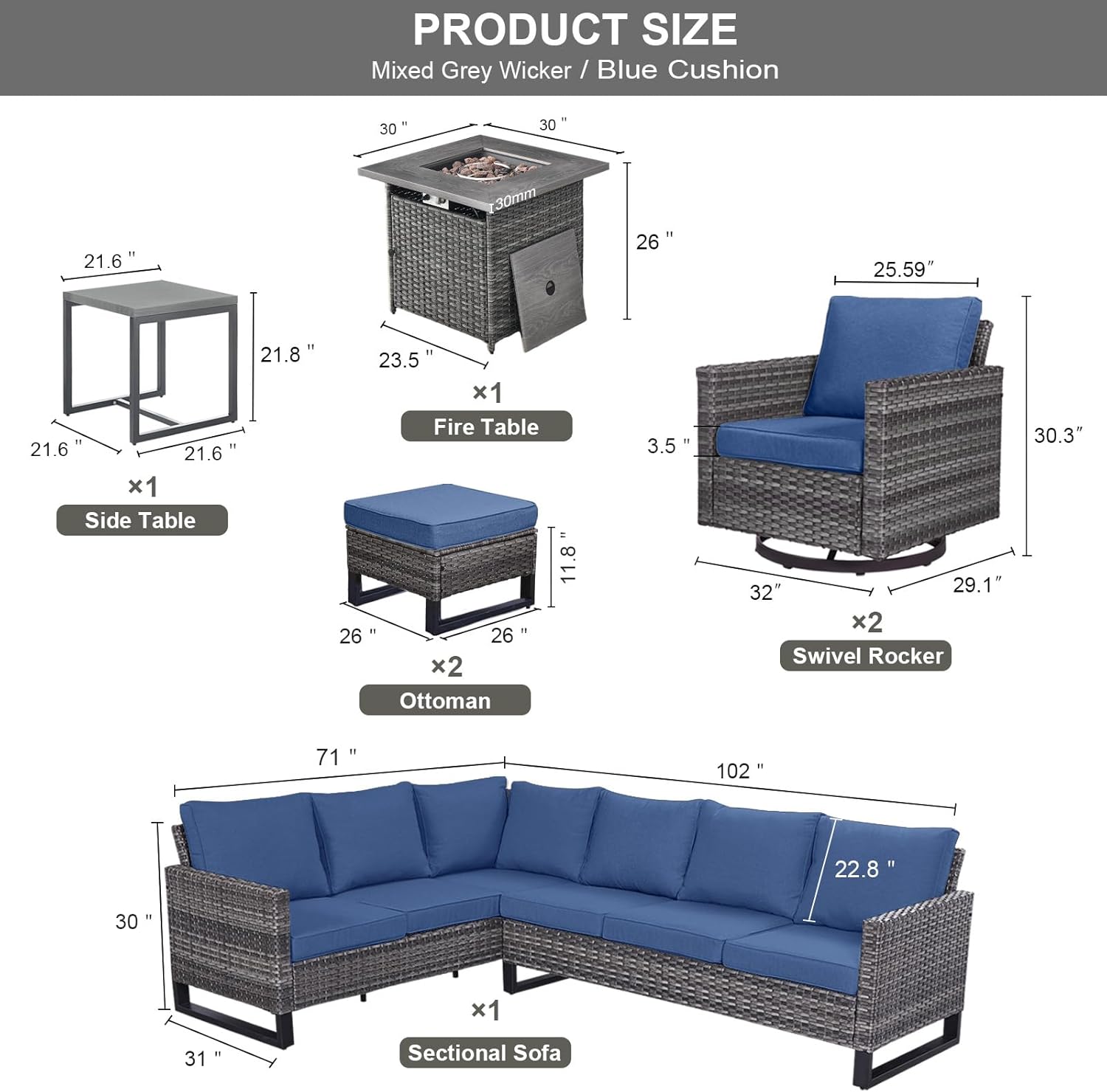 Patio Furniture 5 Piece Outdoor Sofa Set, Oversize Outdoor Dining Chairs with Rattan Ottomans, Conversation Sets Patio Furniture Come with Removable Washable