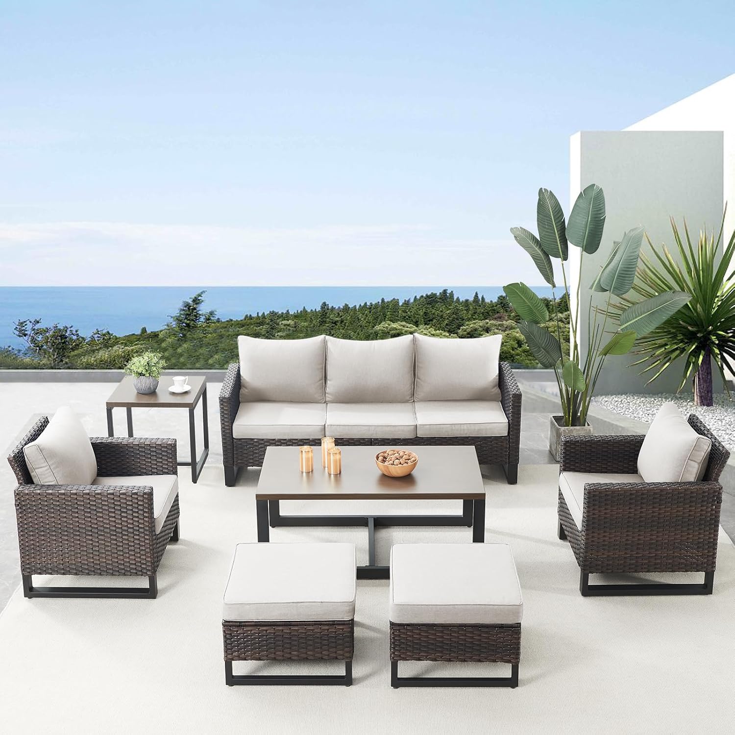 Patio Furniture 5 Piece Outdoor Sofa Set, Oversize Outdoor Dining Chairs with Rattan Ottomans, Conversation Sets Patio Furniture Come with Removable Washable