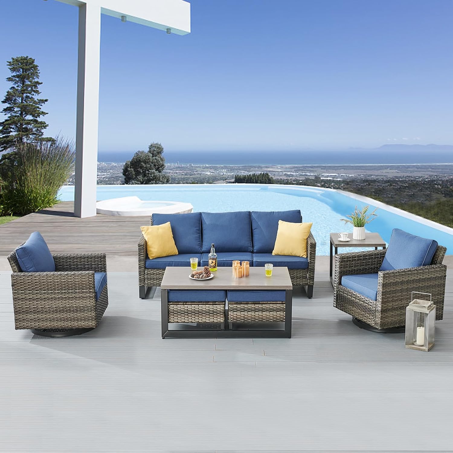 Patio Furniture 5 Piece Outdoor Sofa Set, Oversize Outdoor Dining Chairs with Rattan Ottomans, Conversation Sets Patio Furniture Come with Removable Washable