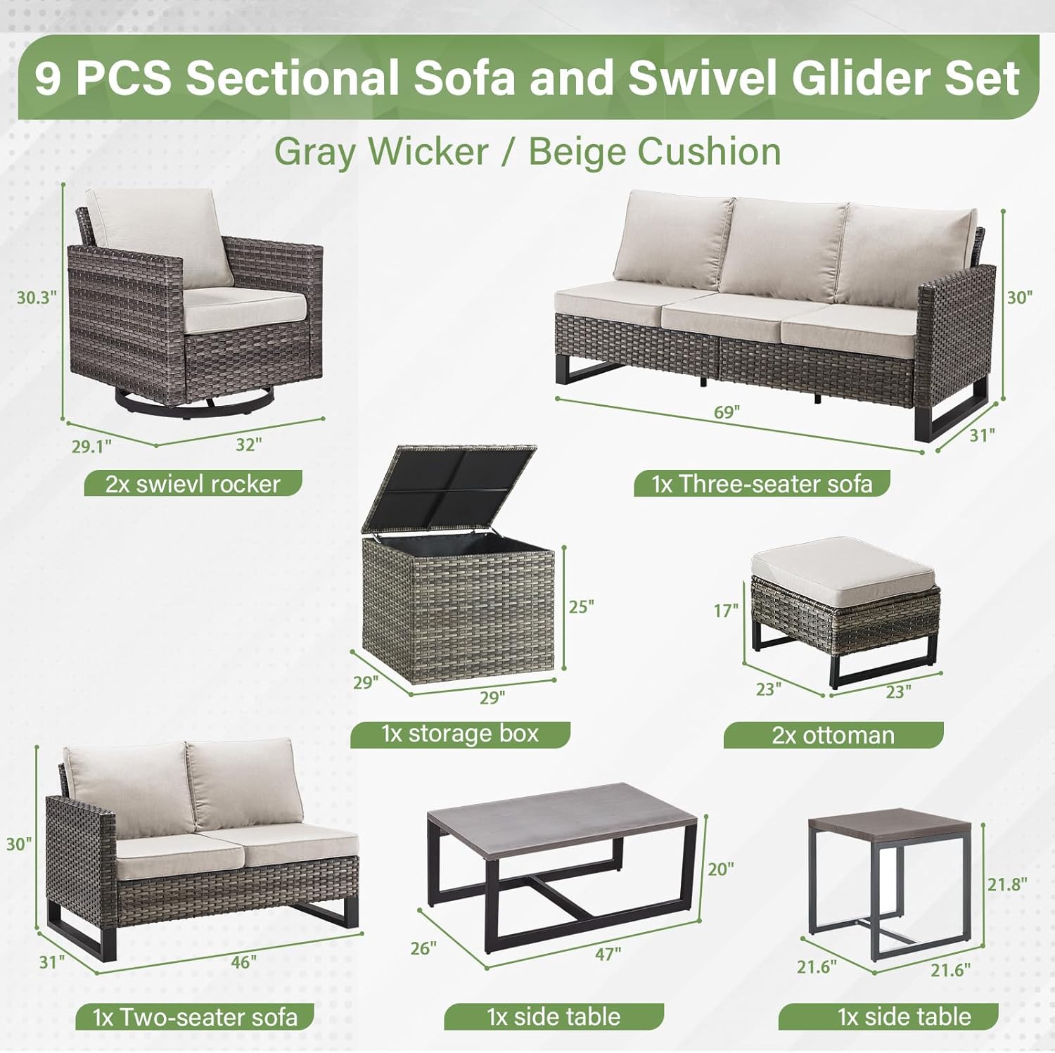 Patio Furniture 5 Piece Outdoor Sofa Set, Oversize Outdoor Dining Chairs with Rattan Ottomans, Conversation Sets Patio Furniture Come with Removable Washable